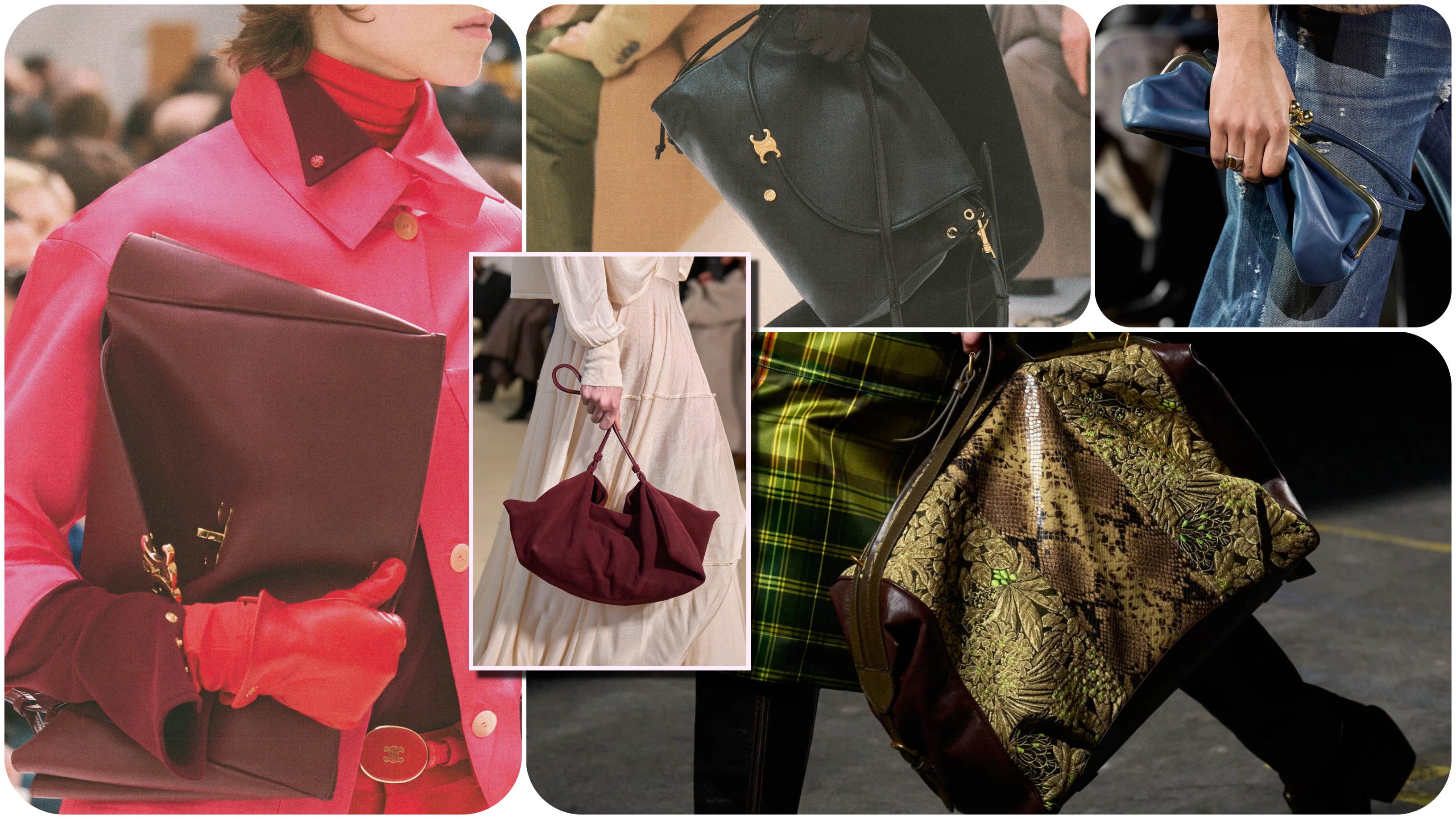 Fall 2026 bag trends featuring supple leather handbags, oversized clutches, and slouchy shoulder bags from the runway.