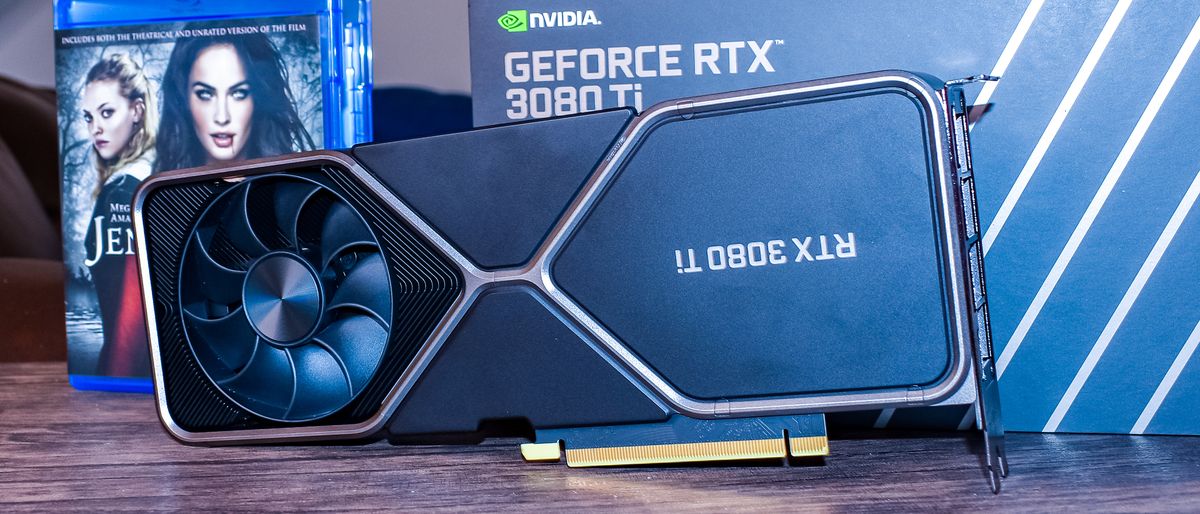 Nvidia GeForce RTX 3080 Ti on a coffee table in front of its box