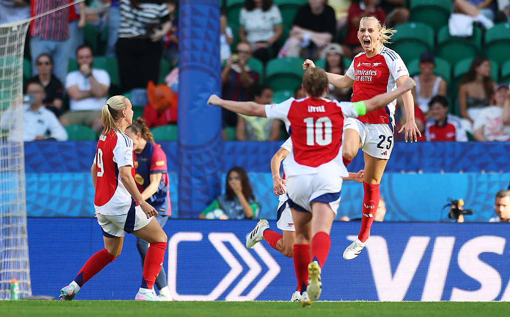Stina Blackstenius of Arsenal celebrates scoring her team&#039;s first goal with teammates during the UEFA Women&#039;s Champions League final match between Arsenal WFC and FC Barcelona at Estadio Jose Alvalade on May 24, 2025 in Lisbon, Portugal.