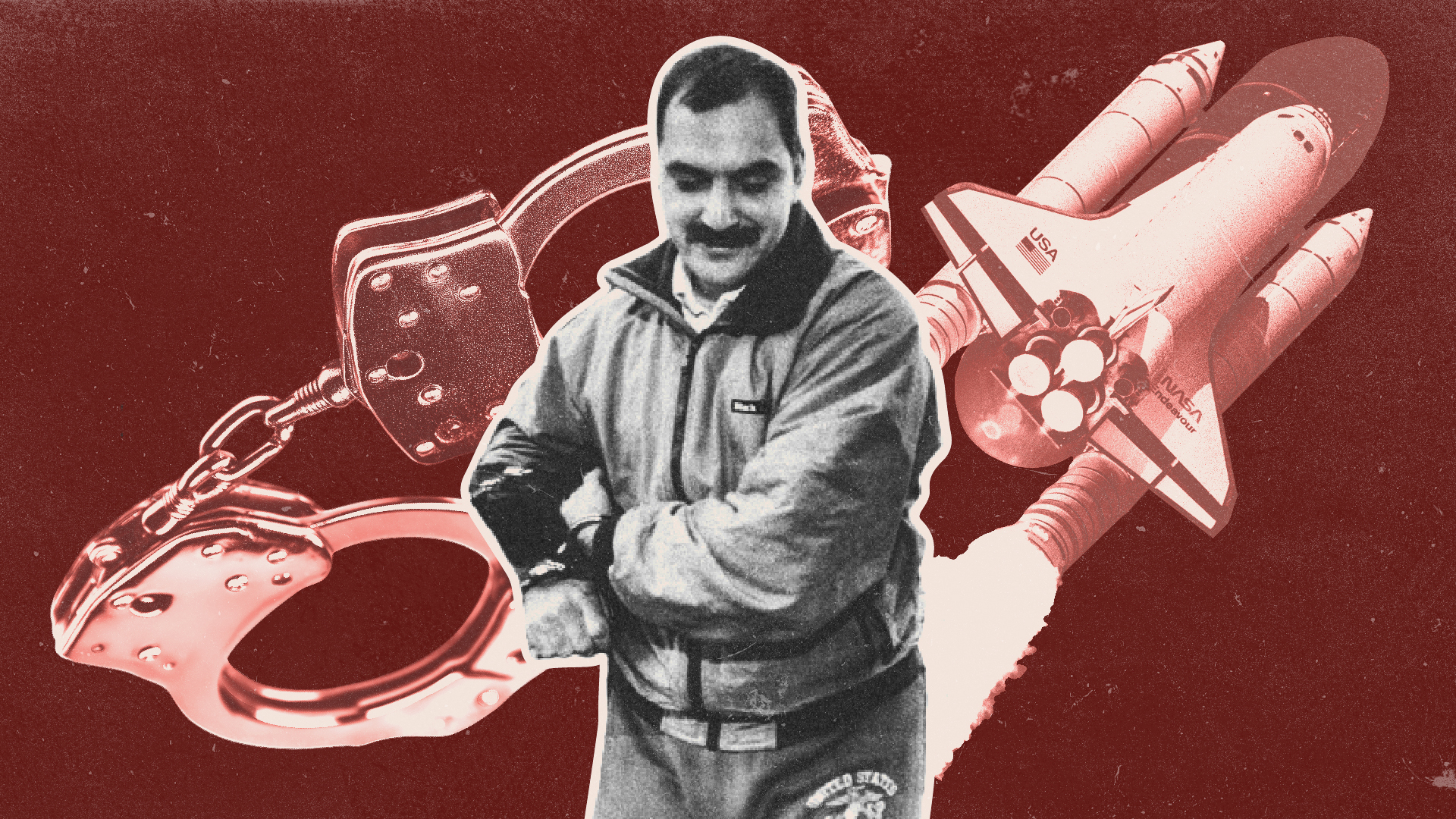 a man with a mustache, walks in handcuffs. a pair of handcuffs and a space shuttle lifting off above a plume of fire are superimposed in the background