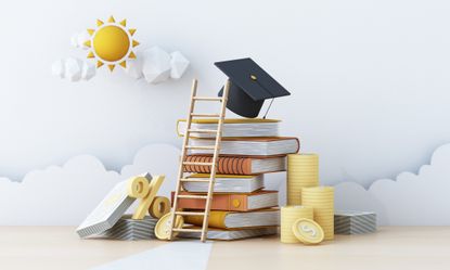pile of books with graduation cap on top and a ladder and money at the base