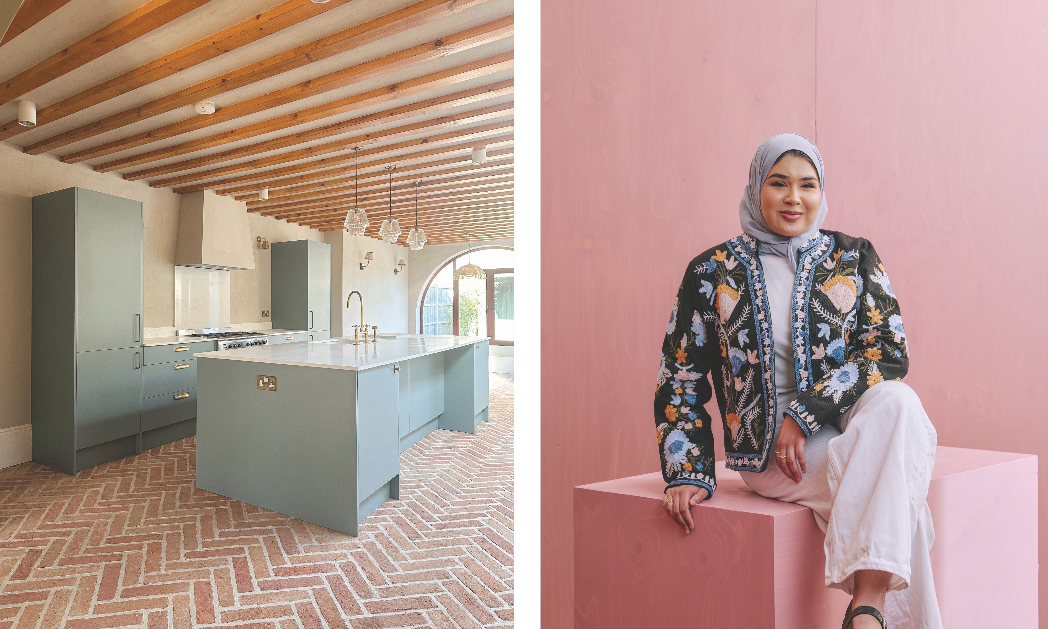 Diptych: A kitchen with sage green cabinets, wood-beamed ceilings, and brick floors next to a portrait of designer Irfana Ahmed in an embroidered jacket against a pink background.