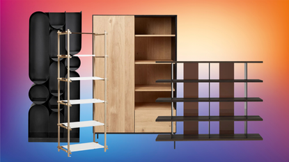 a collection of large bookshelves on a colorful background