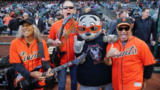Metallica with the San Francisco Giants mascot Lou Seal