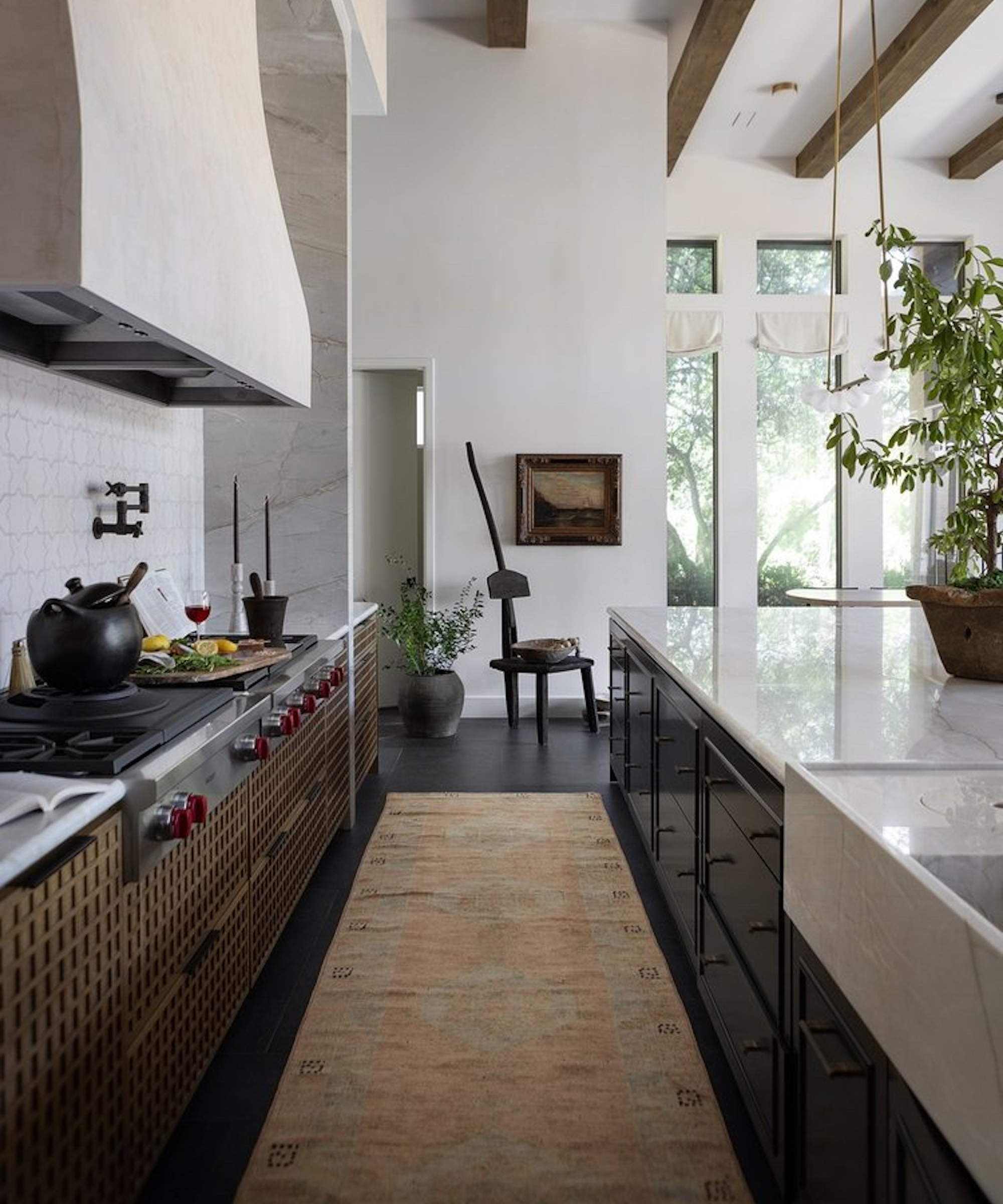 dark kitchen with rug runner