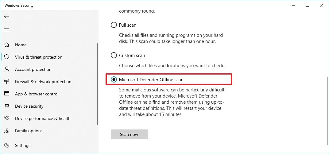 Microsoft Defender Offline scan option