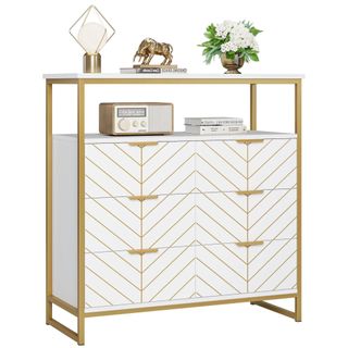 Homfa 6 Drawer Dresser for Bedroom, Sturdy Steel Frame Chest of Drawers with Shelf for Living Room, White and Gold
