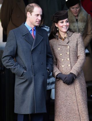 Prince William, Duke of Cambridge and Catherine, Duchess of Cambridge leave the Christmas Day Service at Sandringham Church on December 25, 2014