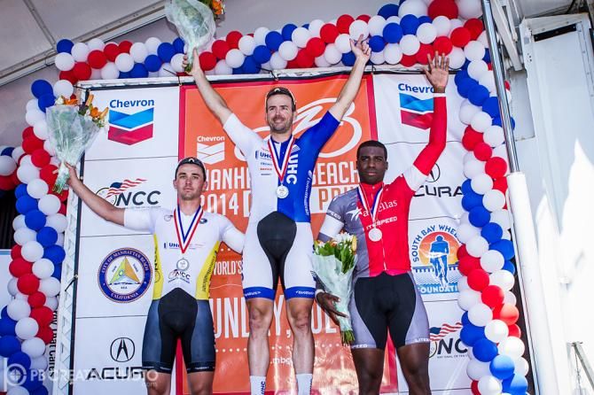 The men's podium (L-R): Luke Keough (UnitedHealthcare), Ken Hanson (UnitedHealthcare), Justin Williams (Astellas Pro Cycling)