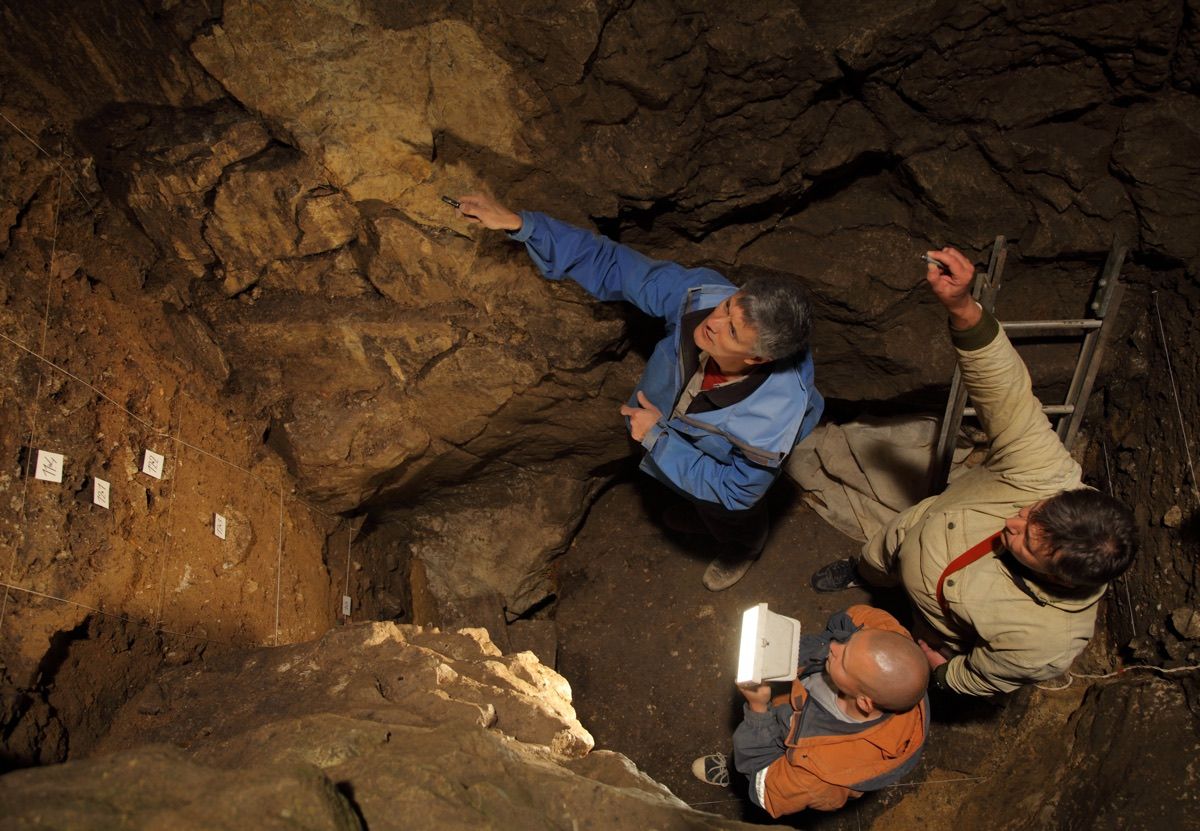 Scientists found DNA related to the extinct human lineage called Denisovans in Denisova Cave in Siberia. Here, Richard (Bert) Roberts, Vladimir Ulianov and Maxim Kozlikin (clockwise from top) plan the sampling of sediments in the cave&#039;s east chamber.