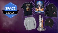 A selection of Artemis 2 merchandise on a space background with a Space.com deals icon