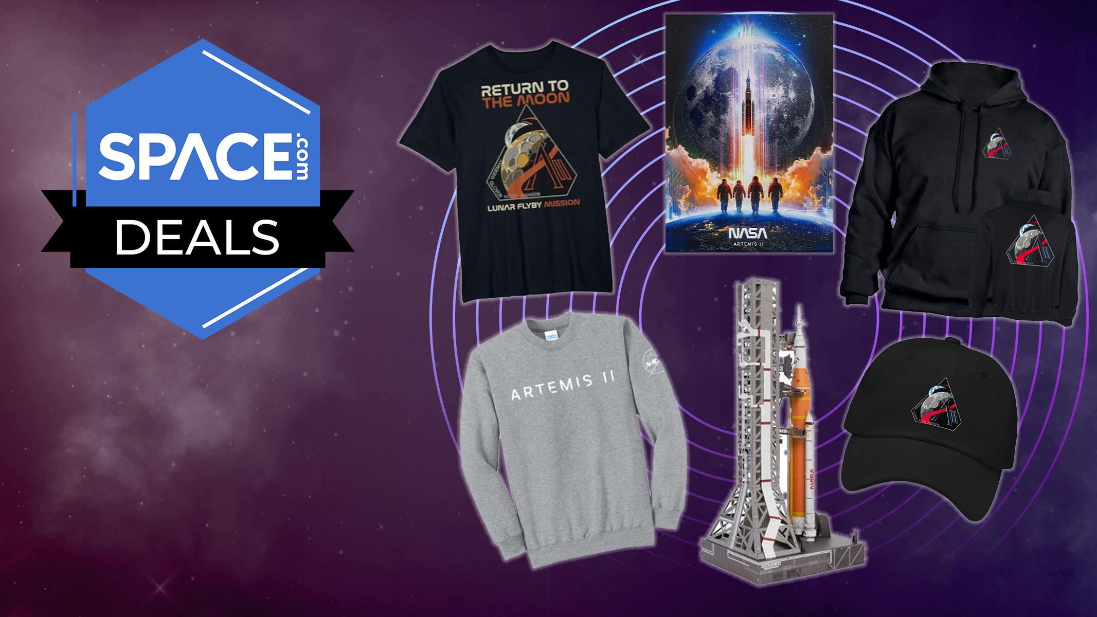 A selection of Artemis 2 merchandise on a space background with a Space.com deals icon