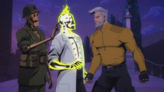 Rick Flag Sr looks angrily at Doctor Phosphorus and G.I. Robot in Creature Commandos episode 3