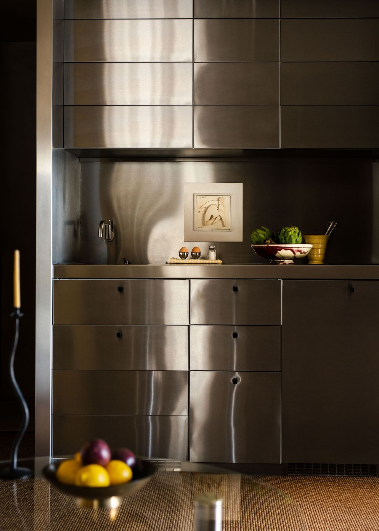 Close-up image of a completely chrome home bar idea