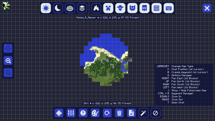 Minecraft mods - Journeymap - A grid showing a partially explored Minecraft forest area from above with several interface options.