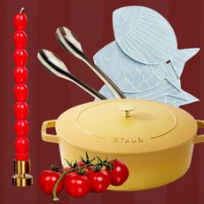 Collage of Tomato Candle, Staub Pot, Serving Spoons, Fish Napkins