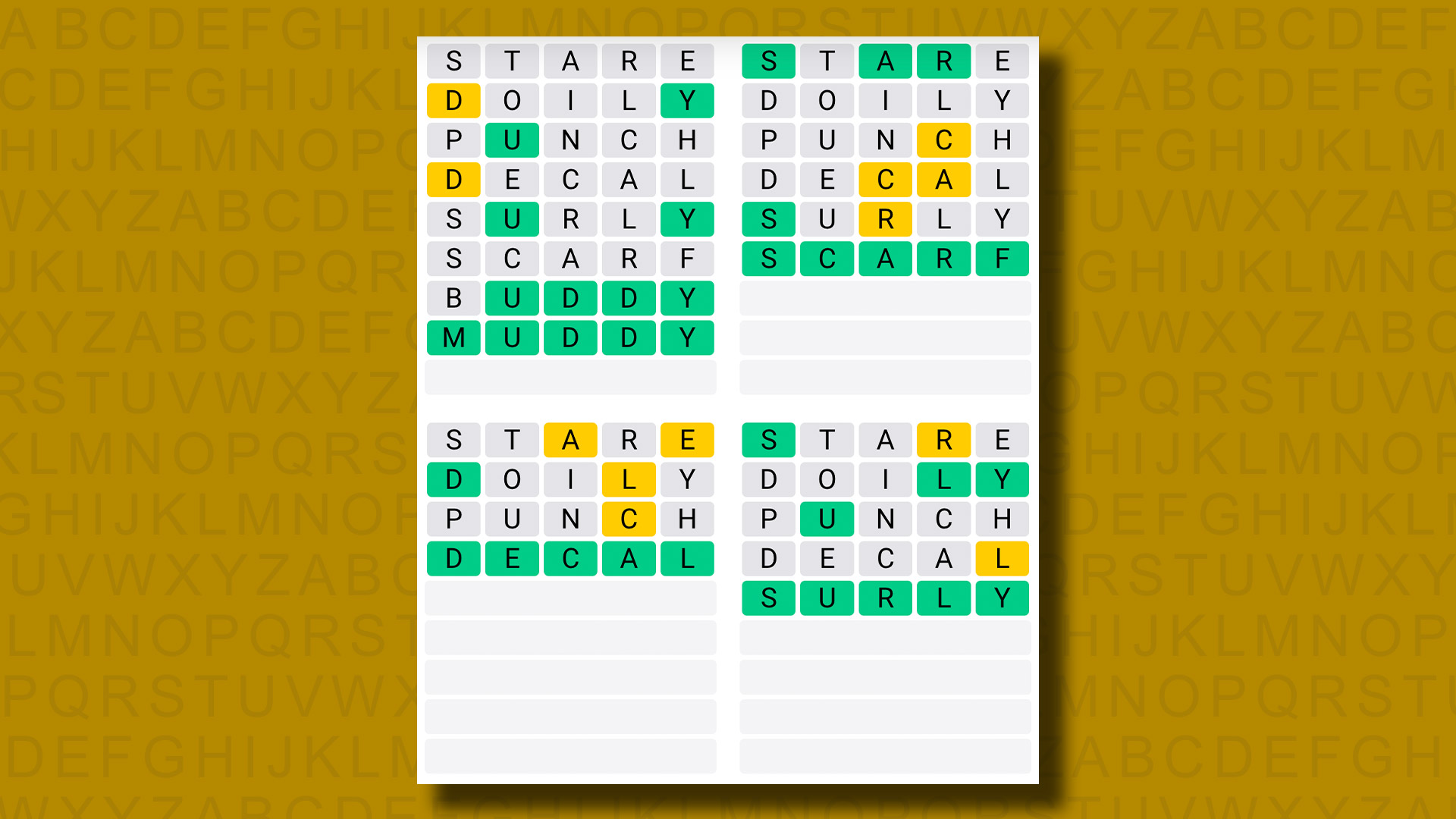 Quordle's answers for the game 923 on a yellow background