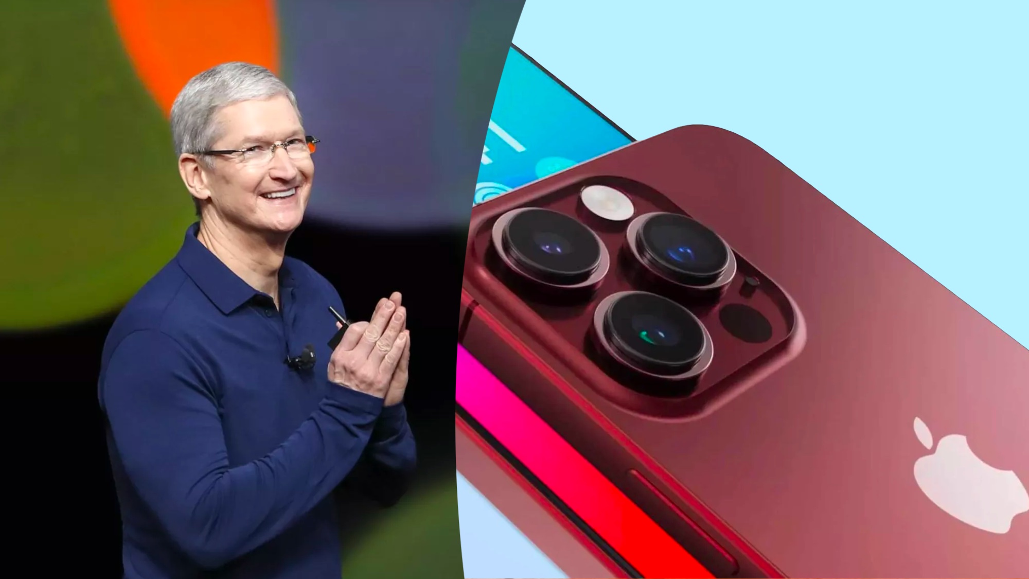 Tim Cook next to iPhone 15 Pro Max render