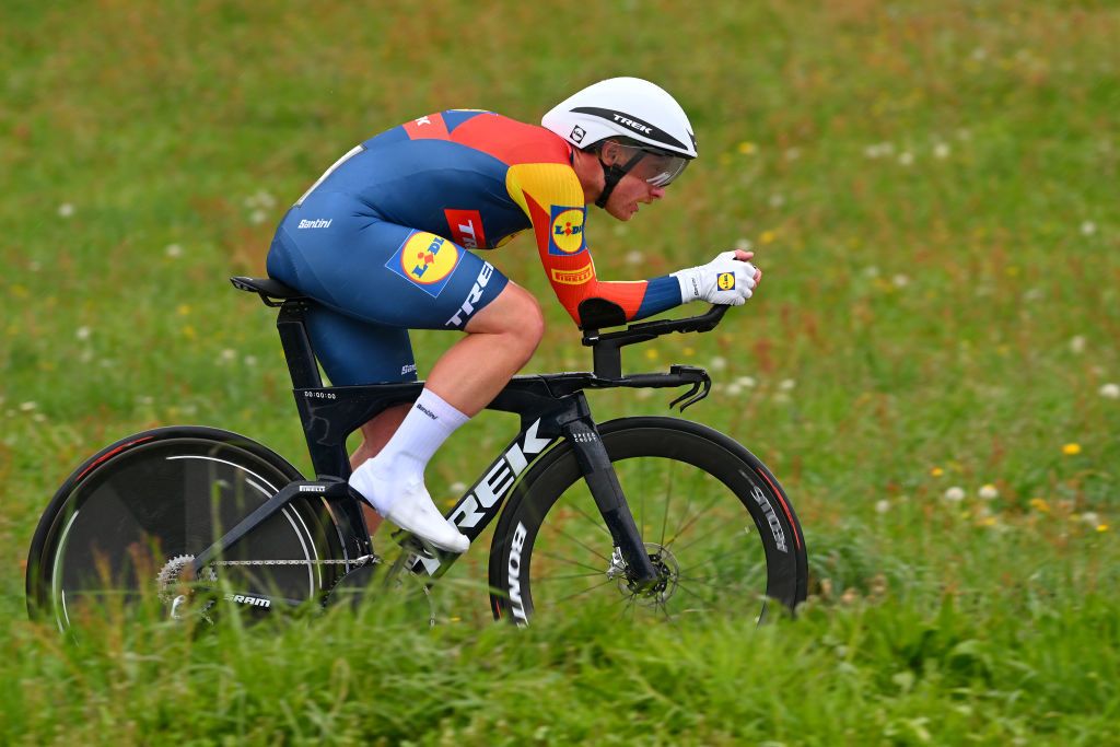 ORON SWITZERLAND APRIL 26 Simone Consonni of Italy and Team Lidl Trek sprints during the 77th Tour De Romandie 2024 Stage 3 a 155km individual time trial from Oron to Oron UCIWT on April 26 2024 in Oron Switzerland Photo by Luc ClaessenGetty Images