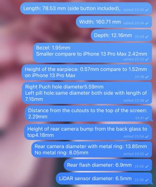 A series of text messages giving leaked measurements for various parts of the iPhone 14 Pro Max
