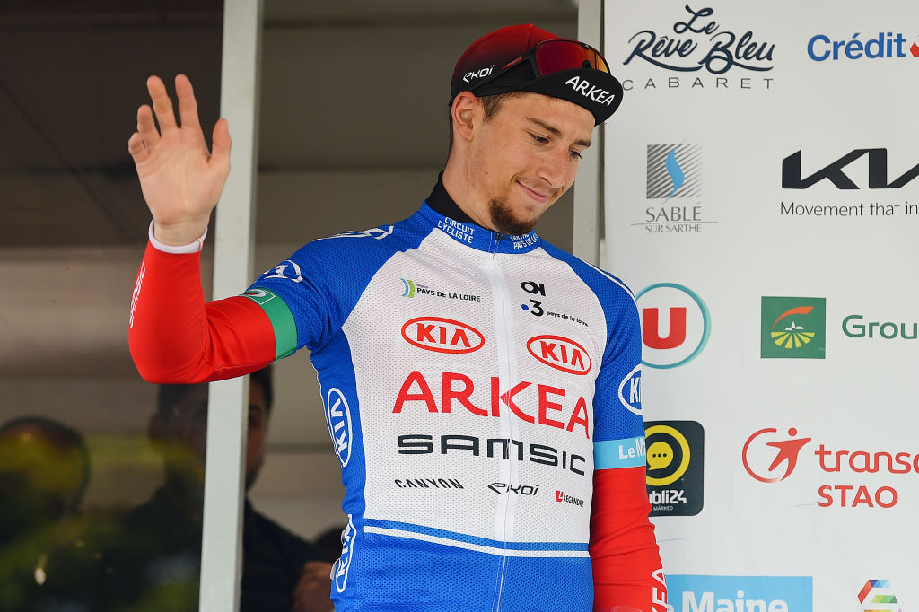 SABLESURSARTHE FRANCE APRIL 07 Kevin Vauquelin of France and Team Arka Samsic celebrates winning the Best Young Rider Jersey on the podium ceremony after the 68th Circuit Cycliste Sarthe Pays de la Loire 2022 Stage 3 a 1765km stage from Sabl sur Sarthe to Sabl sur Sarthe CircuitSarthe on April 07 2022 in SablesurSarthe France Photo by Dario BelingheriGetty Images