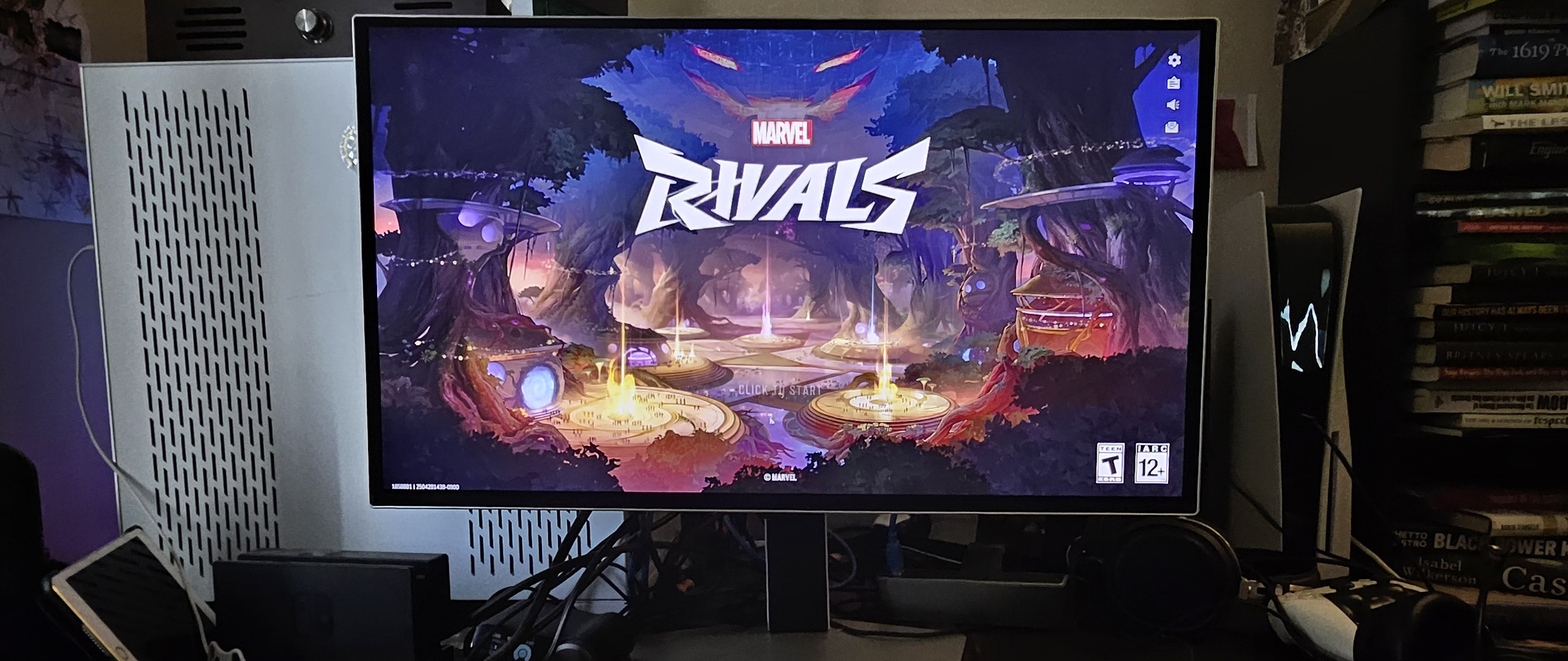 Samsung Odyssey G81SF gaming monitor resting on a desk with Marvel Rivals open
