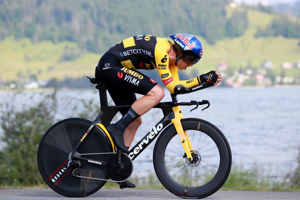 EINSIEDELN SWITZERLAND JUNE 11 Wout Van Aert of Belgium and Team JumboVisma sprints during the 86th Tour de Suisse 2023 Stage 1 a 127km individual time trial stage from Einsiedeln to Einsiedeln UCIWT on June 11 2023 in Einsiedeln Switzerland Photo by Heinz ZwickyGetty Images