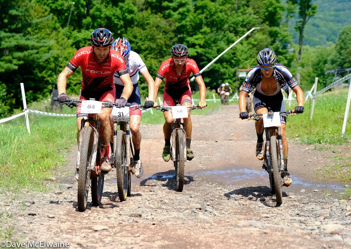 Florian Vogel (Focus) taking command on lap one.