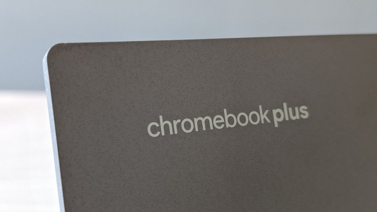 The Chromebook Plus logo on a laptop