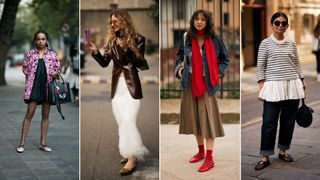 Women wearing comfortable shoes (sneakers, chunky loafers, ballet flats) in london and milan.