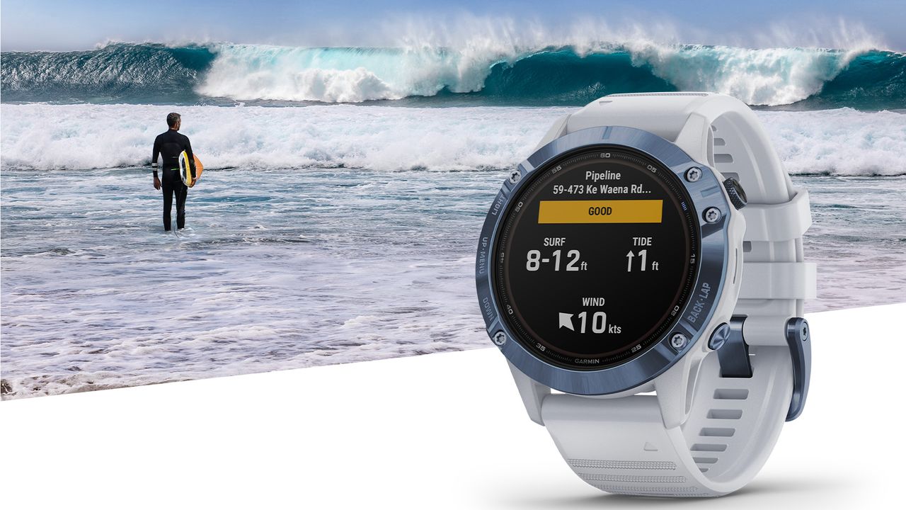 Garmin watch showing new Surfline widget, with person surfing in the background