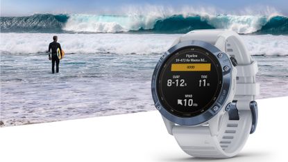 Garmin watch showing new Surfline widget, with person surfing in the background