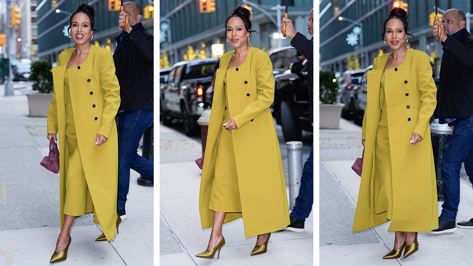 Kerry Washington wearing a head to toe yellow outfit
