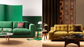 collage of two sofas with green and mustard coloured upholstery to support the new habitat made to order range