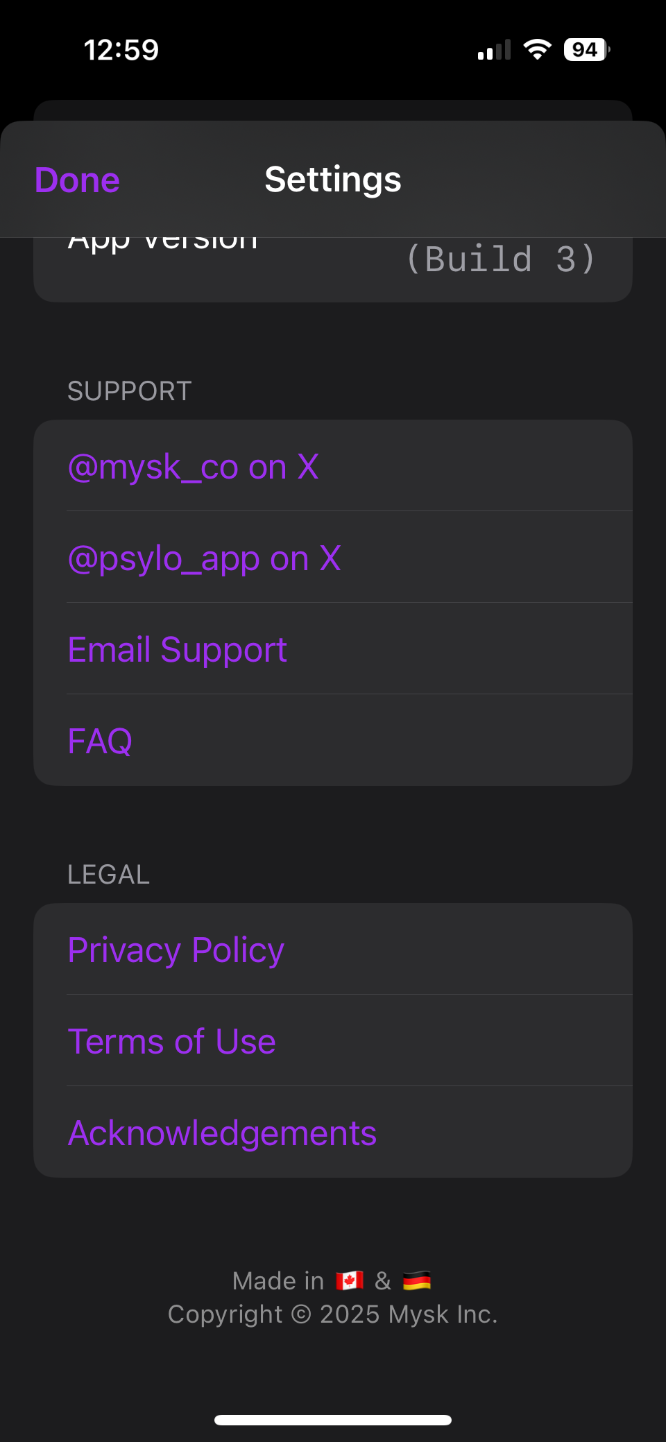 An image showing the settings page of Psylo, focused on the support section.