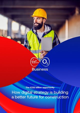Red and blue whitepaper cover with text and image of bearded man in hard hat and hi-vis jacket on a building site