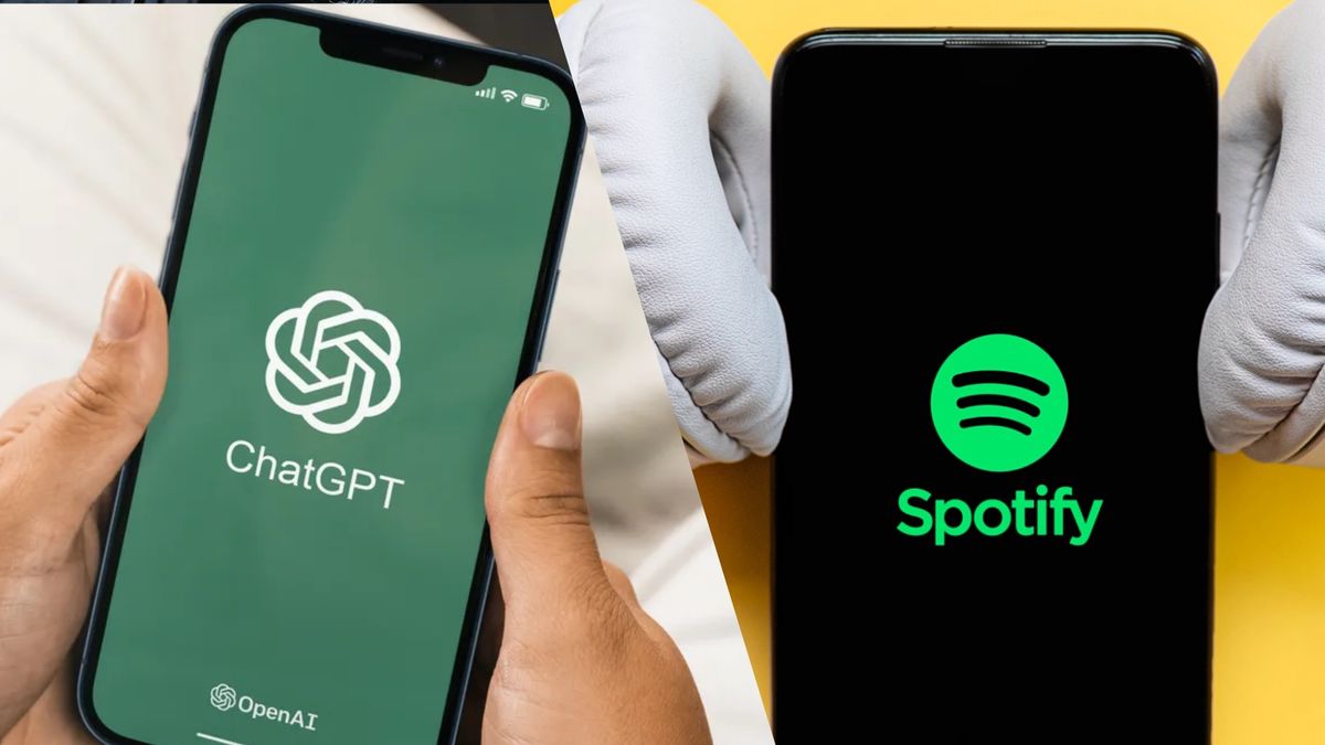 ChatGPT logo on phone next to Spotify logo on phone