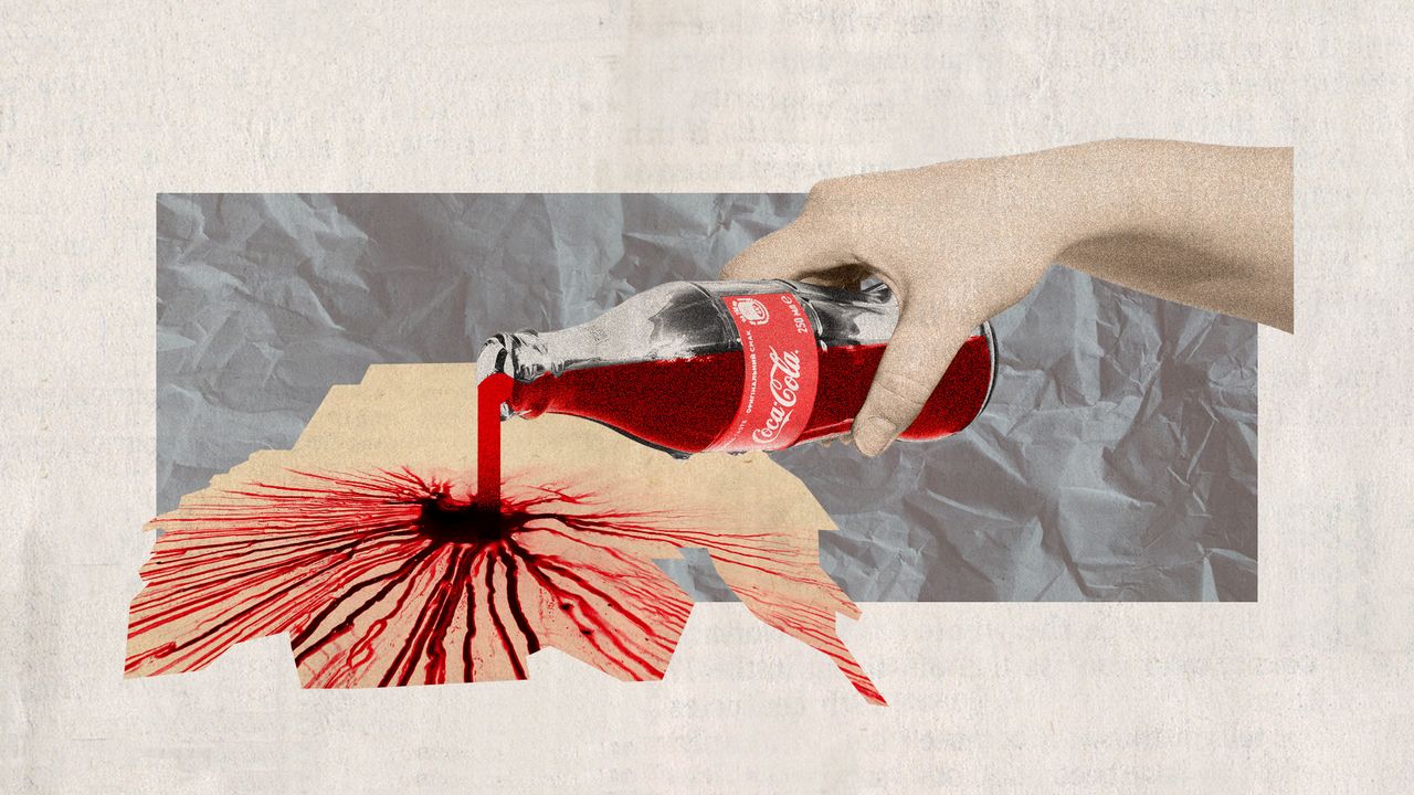 Photo collage of a white person&#039;s hand pouring out blood out of a Coca-Cola bottle on to the distorted shape of the country of Sudan. 