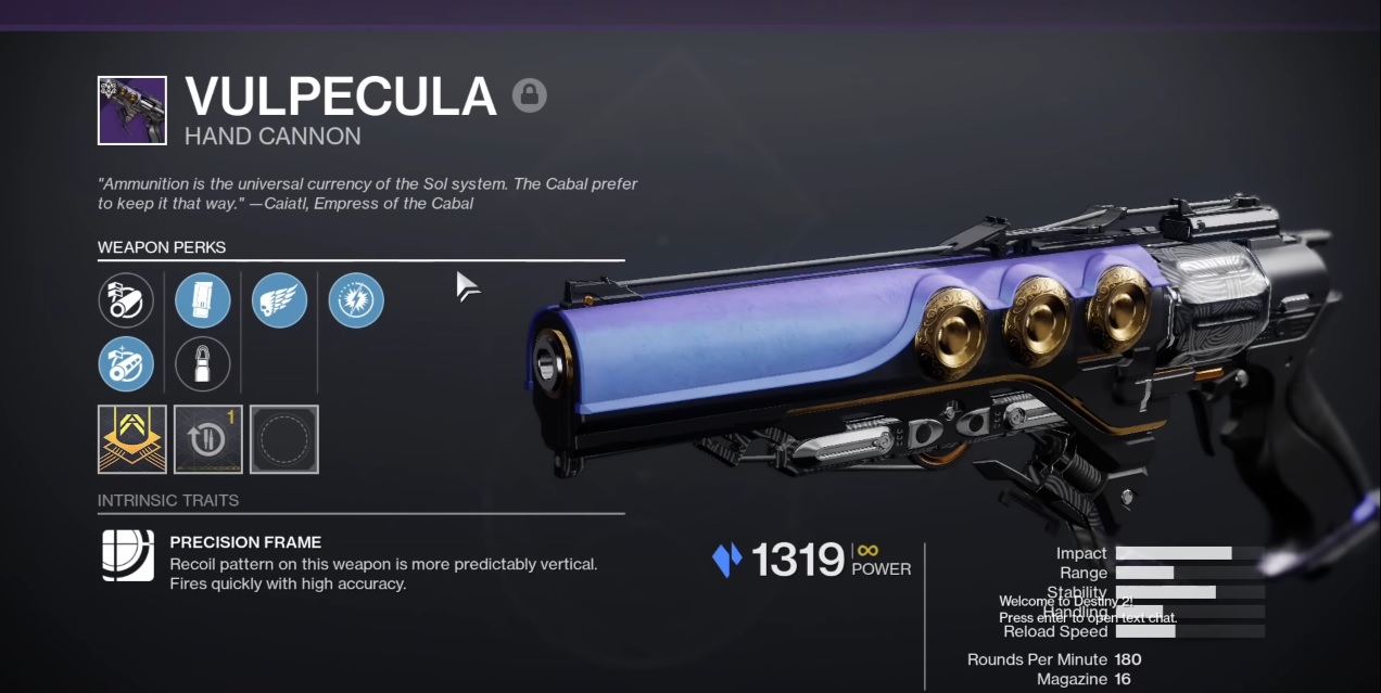 destiny 2 vulpecula hand cannon inventory screen