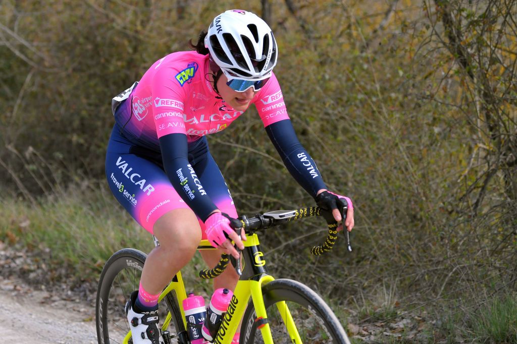 SIENA ITALY MARCH 06 Elena Pirrone of Italy and Team Valcar Travel Service during the Eroica 7th Strade Bianche 2021 Womens Elite a 136km race from Siena to Siena Piazza del Campo Breakaway StradeBianche on March 06 2021 in Siena Italy Photo by Luc ClaessenGetty Images