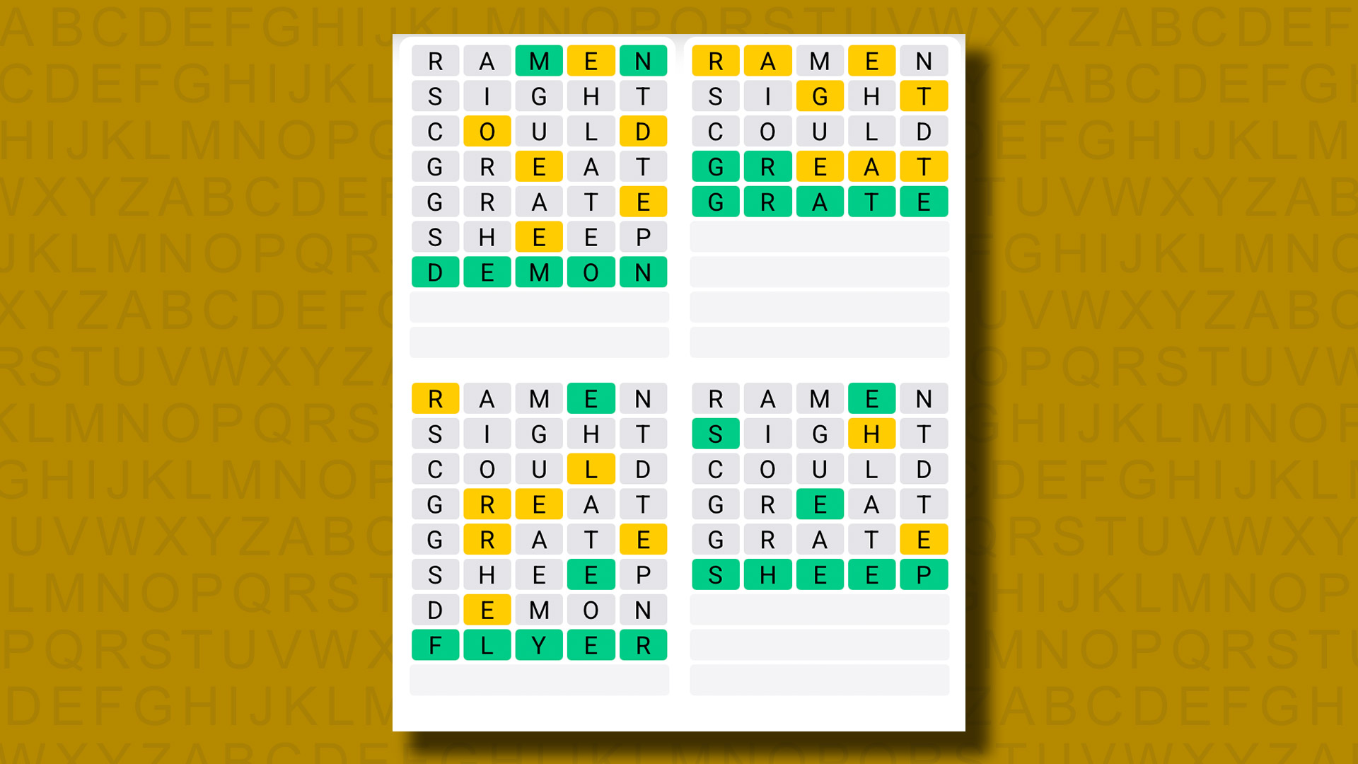 Quordle answers for game 1307 on a yellow background