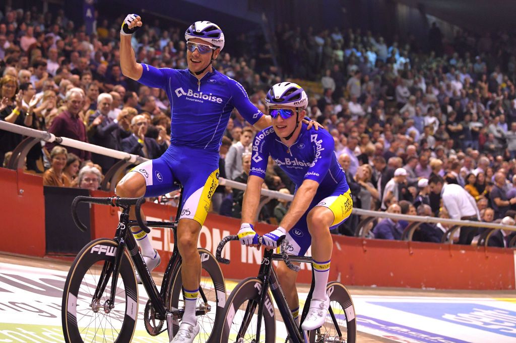 GENT BELGIUM NOVEMBER 17 Kenny De Ketele of Belgium and Team Baloise Insurance Robby Ghys of Belgium and Team Baloise Insurance Celebration during the 79th 6 Days Gent 2019 Day 6 Track Kuipke Track Velodrome zesdaagsegent ghent6day on November 17 2019 in Gent Belgium Photo by Luc ClaessenGetty Images