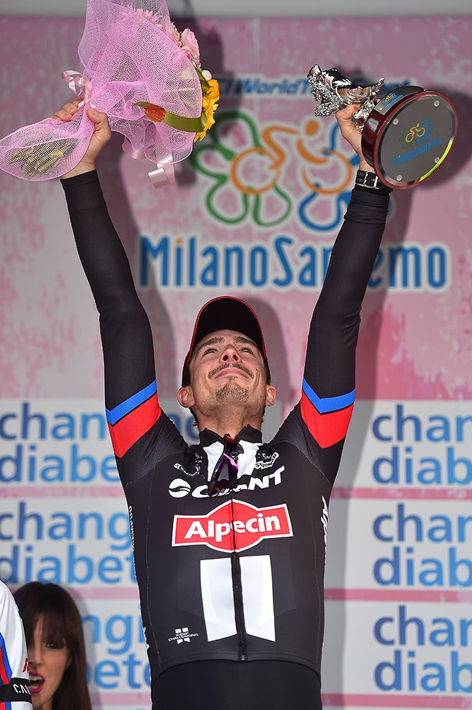 Degenkolb celebrates on the Milan-San Remo podium.