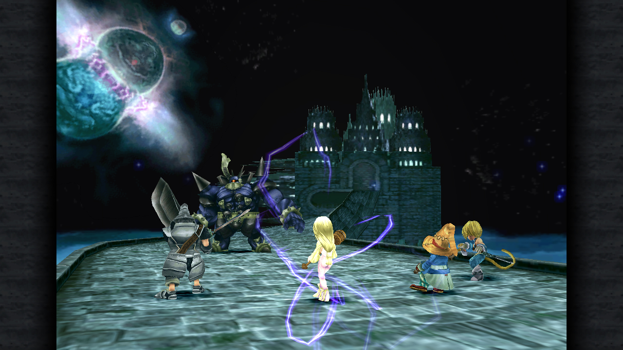 Best JRPGs - The player party faces a large, muscular enemy on a bridge in Final Fantasy 9.