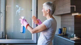 Woman showing how to clean windows with a spray bottle cleaning solution and cloth for inside and out