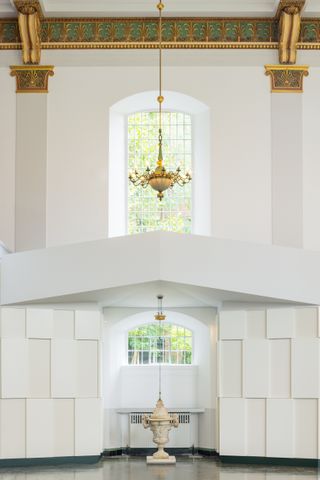 minimalist white church interior