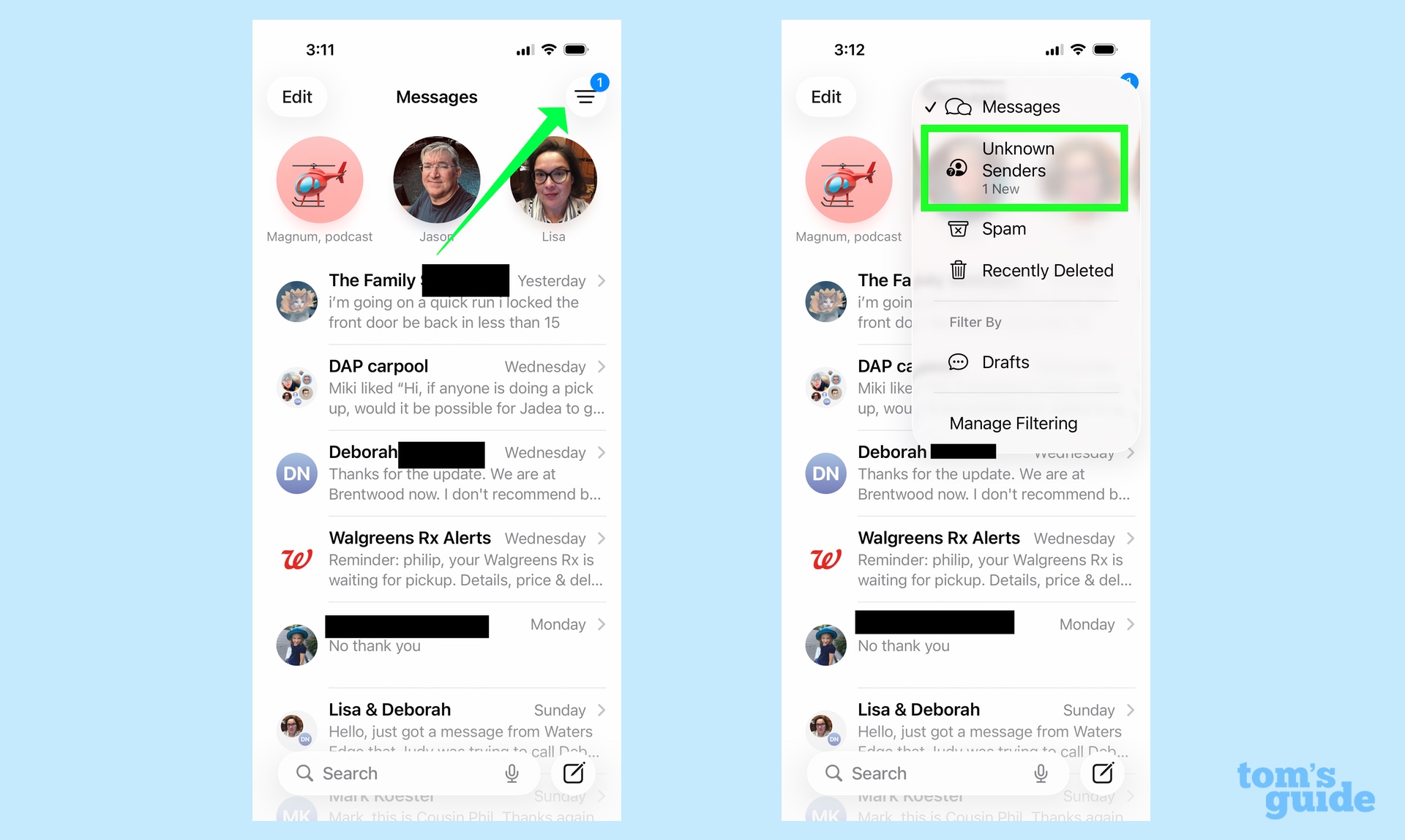 how to see screened messages from unknown senders by tapping on the menu in messages