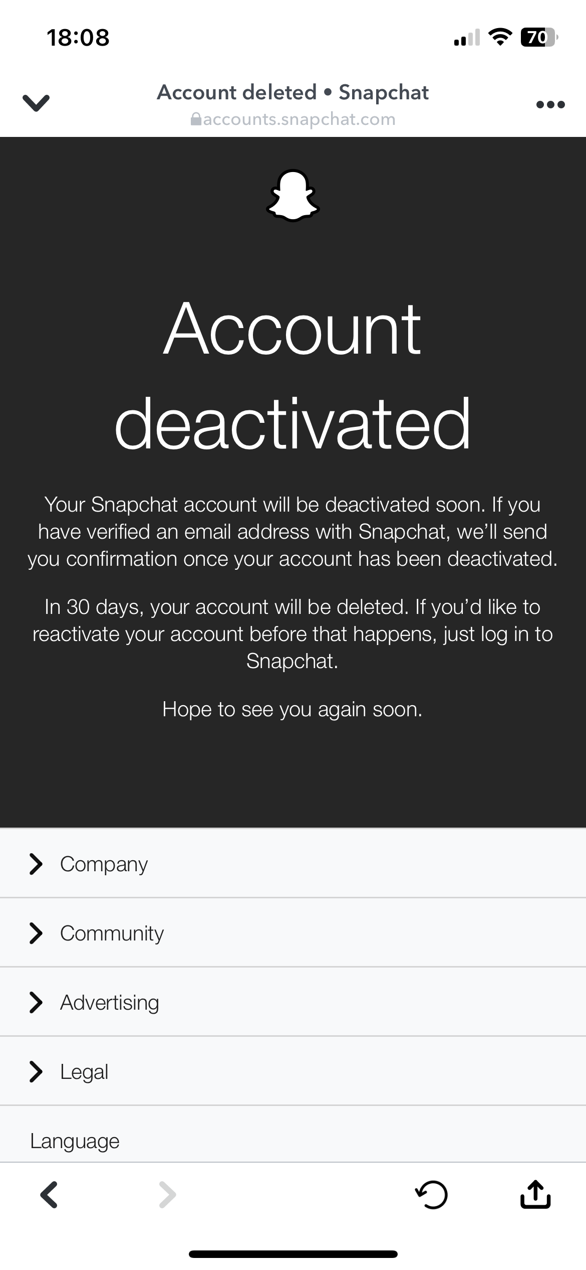 Snapchat's account deleted confirm
