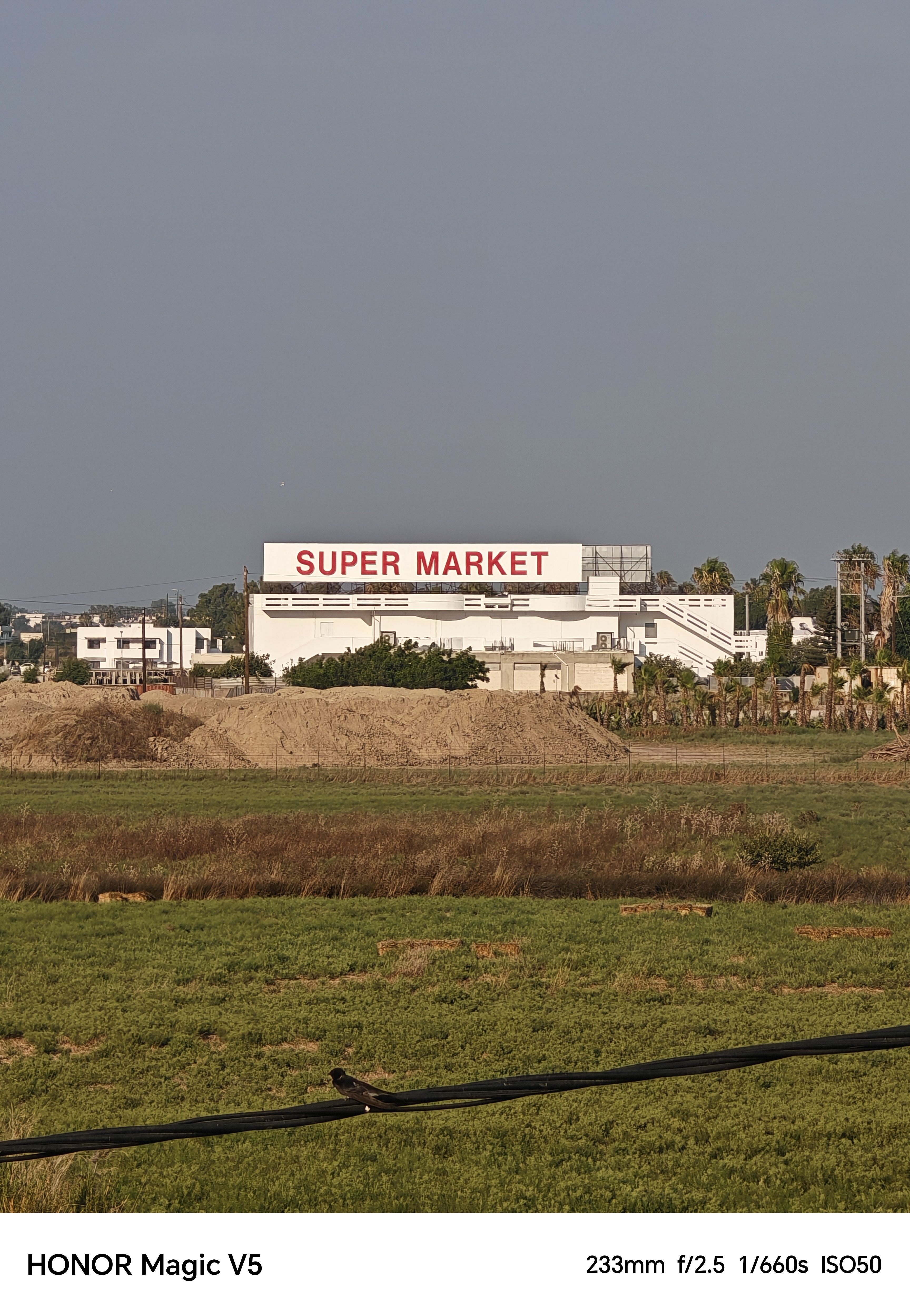 Green fields with a supermarket in the background
