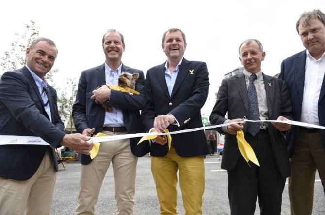 Bernard Hinault, Christian Prudhomme, Gary Verity cut the ribbon on the Grand Depart